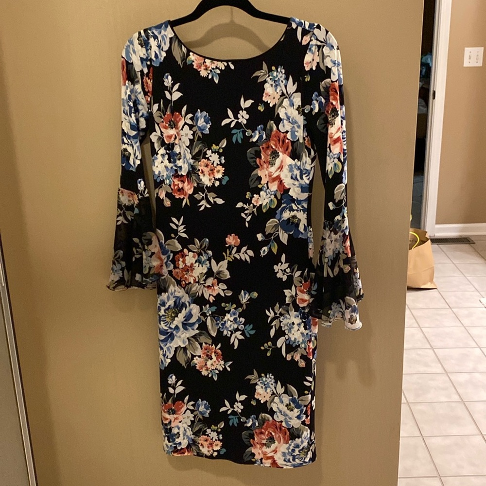 Black floral dress with ruffle sleeves by White House Black Market, size XS
